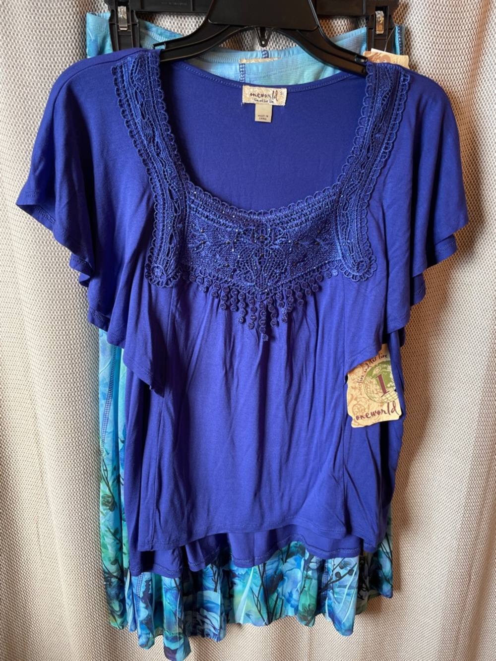 Women’s Royal Blue Embroidered Flutter Sleeve Top With Matching Midi Skirt